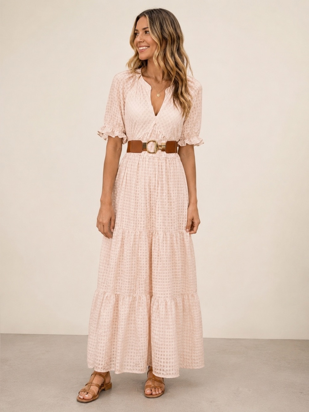 ⭐️FREE BELT⭐️-Light Cream/Blush Tiered Maxi Dress with Puff Sleeves